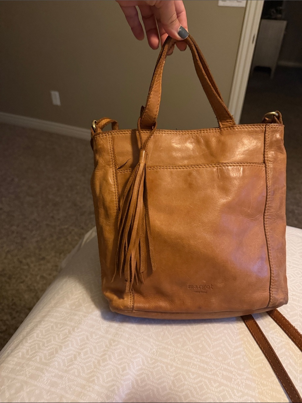 margot Tan Leather Crossbody Bag with Tassel - Picture 2 of 16